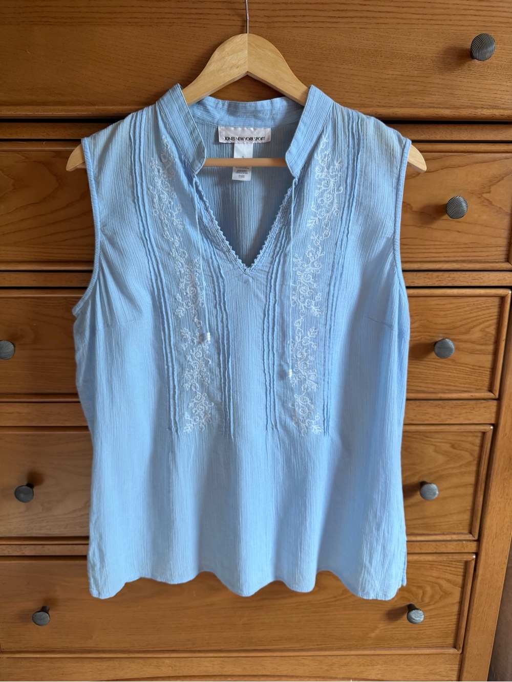 Jones New York Sport Lt Blue Boho Top XL Embroidered Gauzy Romantic Cottagecore